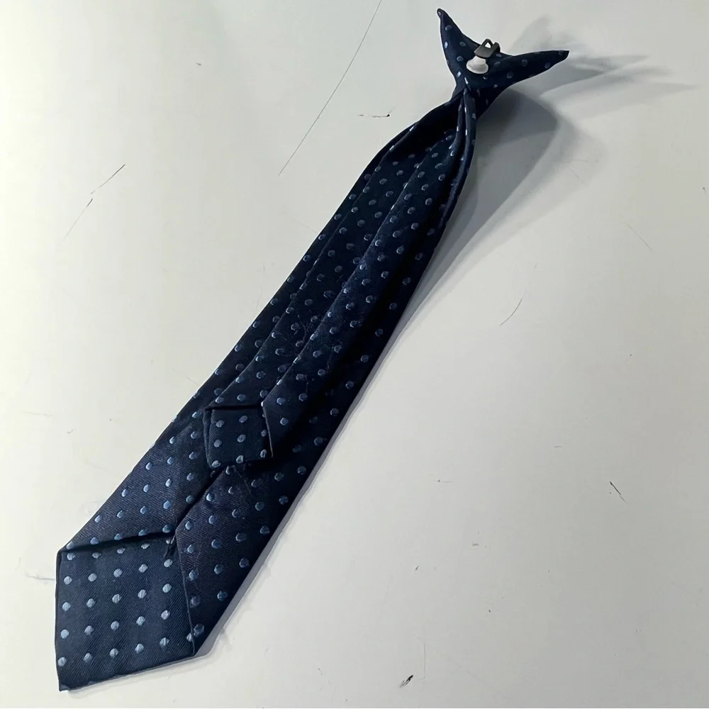 Boys clip on Tie, Light Blue Dots on Dark Blue